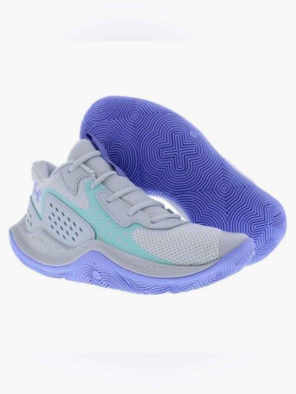 Under Armour Kids Sneakers in Light Teal Gray & Purple Sole Size 3.5 New In Box